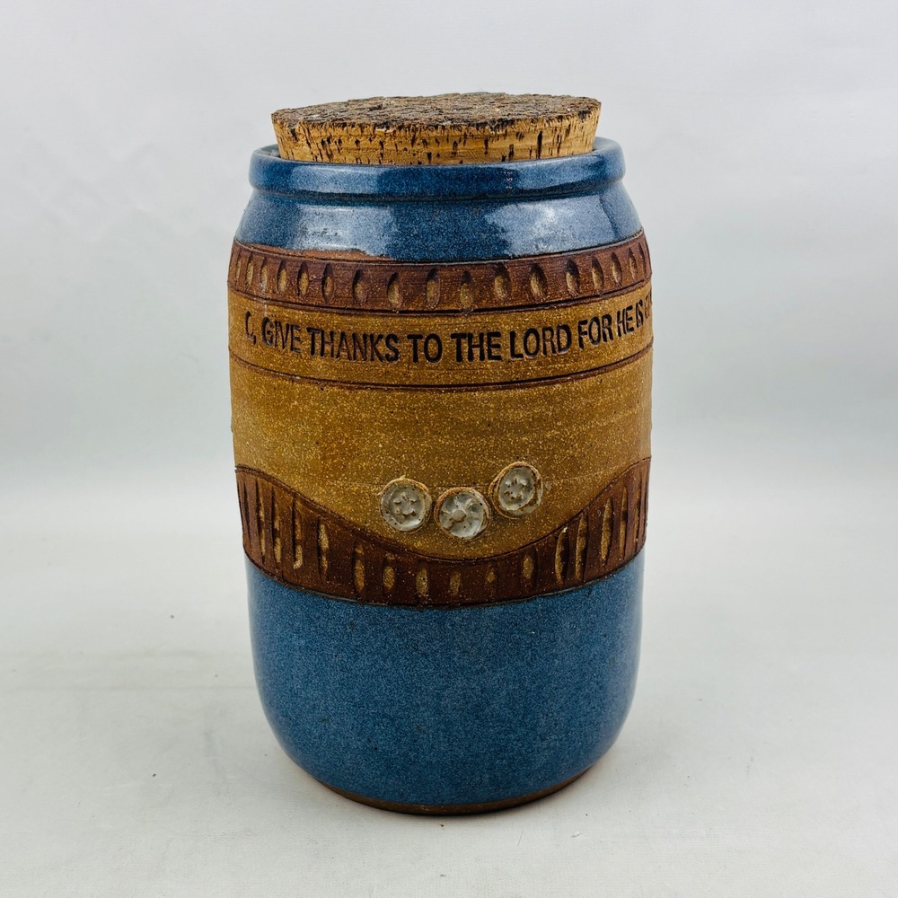 Down to Earth Pottery Blue Jar Cork Lid Give Thanks For He is Good 1 Chron 16:34